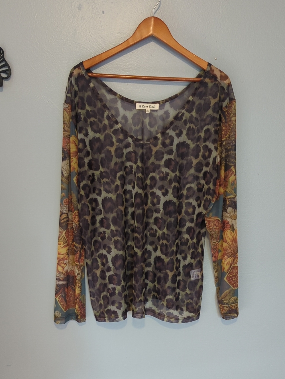 A Rare Bird Mesh See Through Leopard Print Sunflower Bumble Bee Layering L/XL